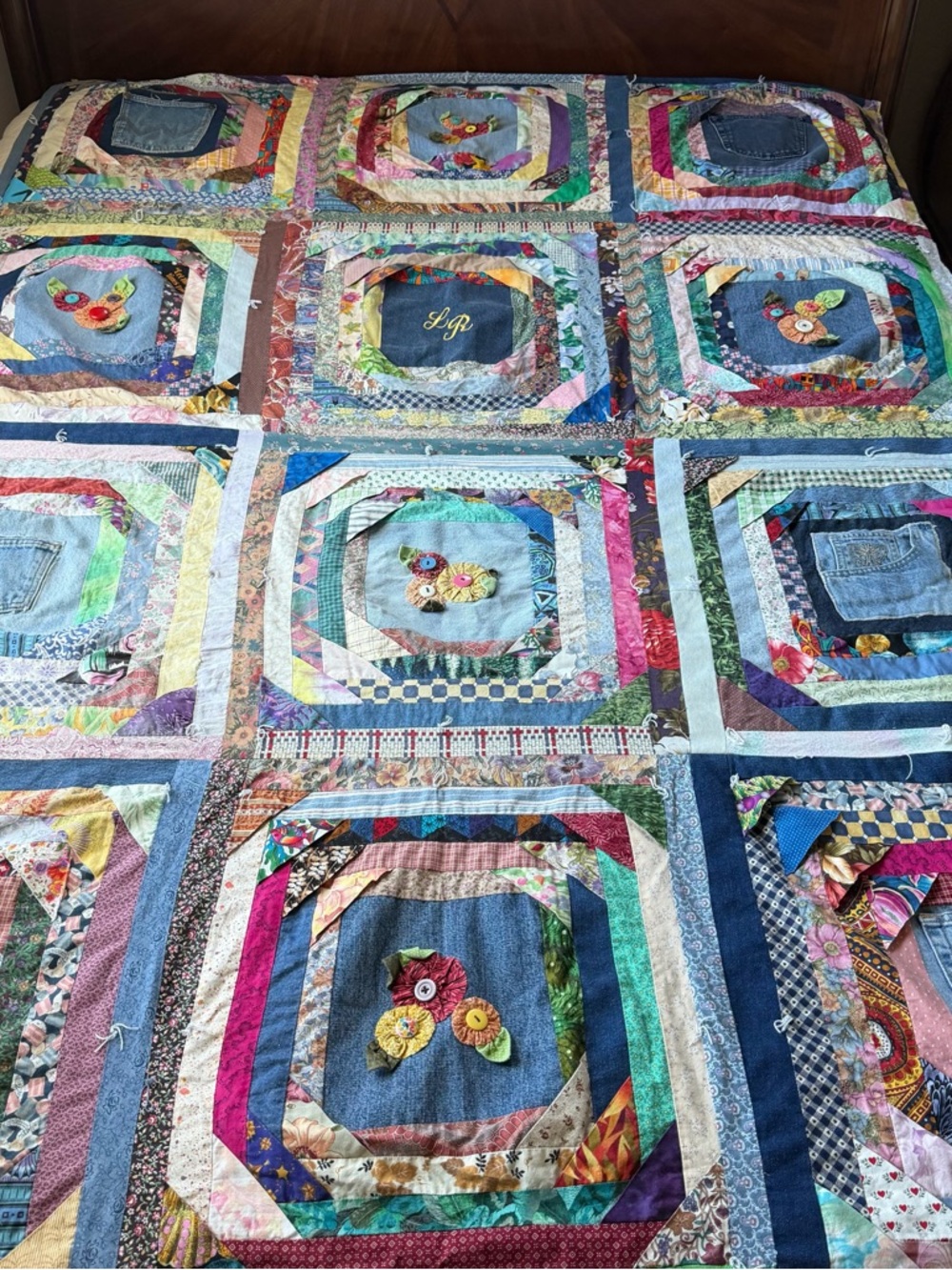 Denim  Quilt Boho Patchwork 60x80 Folk Art Dorm Decor - Picture 13 of 15
